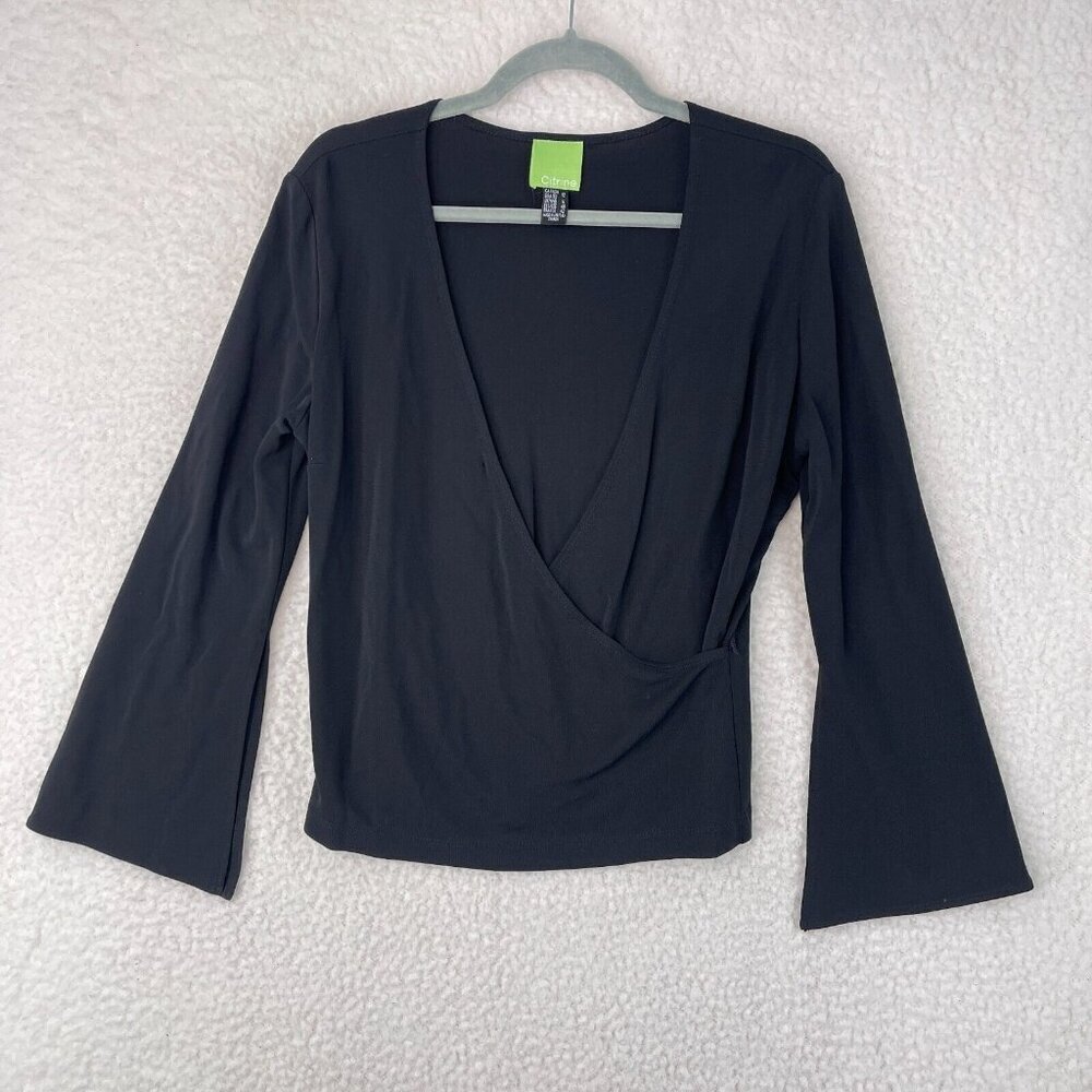 Citrine Solid Black Wrap Front Shirt Womens‎ Long Sleeve Stretch Casual Size 12